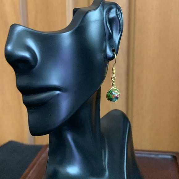 Handmade wire wrapped red & green imperial jasper bead earrings - Picture 2 of 3